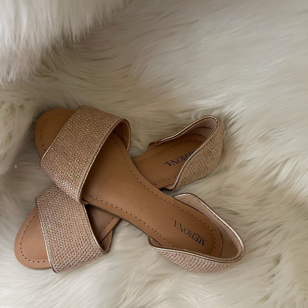 Tan and rose gold flats